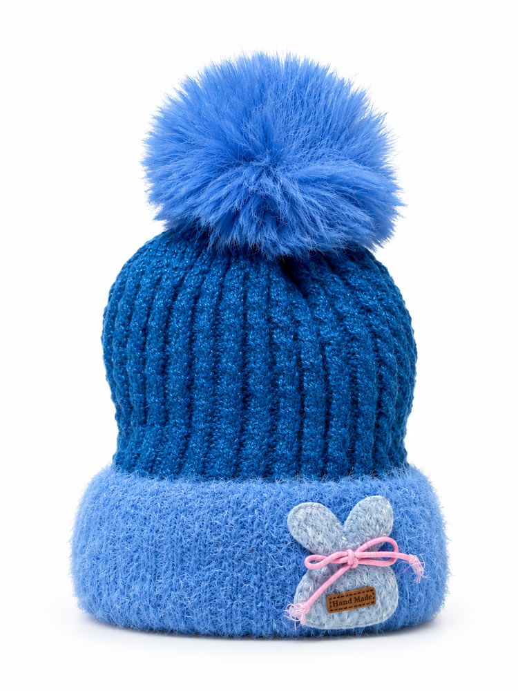 Blue Bunny Patch Pom-Pom Beanie Cap ( Stretchable Suitable For 6 Months To 2 Years )