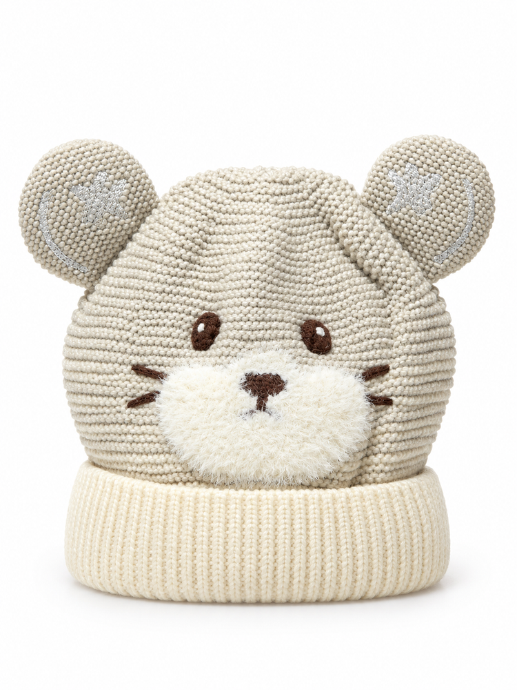 Cozy Beige Bear-Ear Knit Beanie Cap ( Stretchable Suitable For Six Months To 2 Years )
