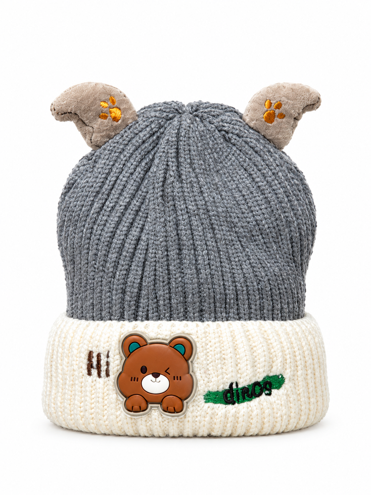 Cozy Gray Bear-Ear Knit imported cap ( Stretchable Suitable For 6 Months To 2 Years )