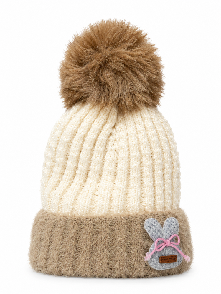 Cream Cosy Handmade Bunny Pom-Pom Beanie Cap ( Stretchable Suitable For 6 Months To 2 Years )