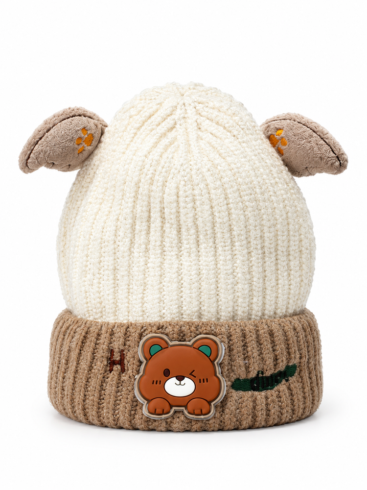Cream Bear-Eared Knit Beanie Cap ( Stretchable Suitable For 6 Months To 2 Years )