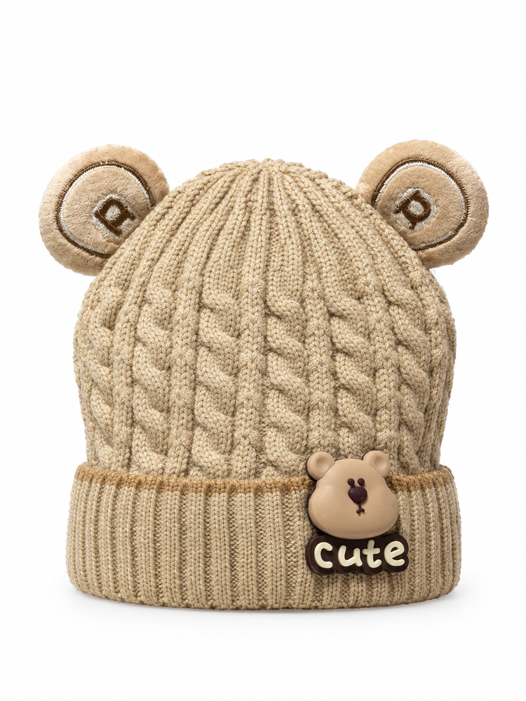 Cute Brown Bear-Ear Cable Knit Beanie Cap ( Stretchable Suitable For 6 Months To 2 Years )