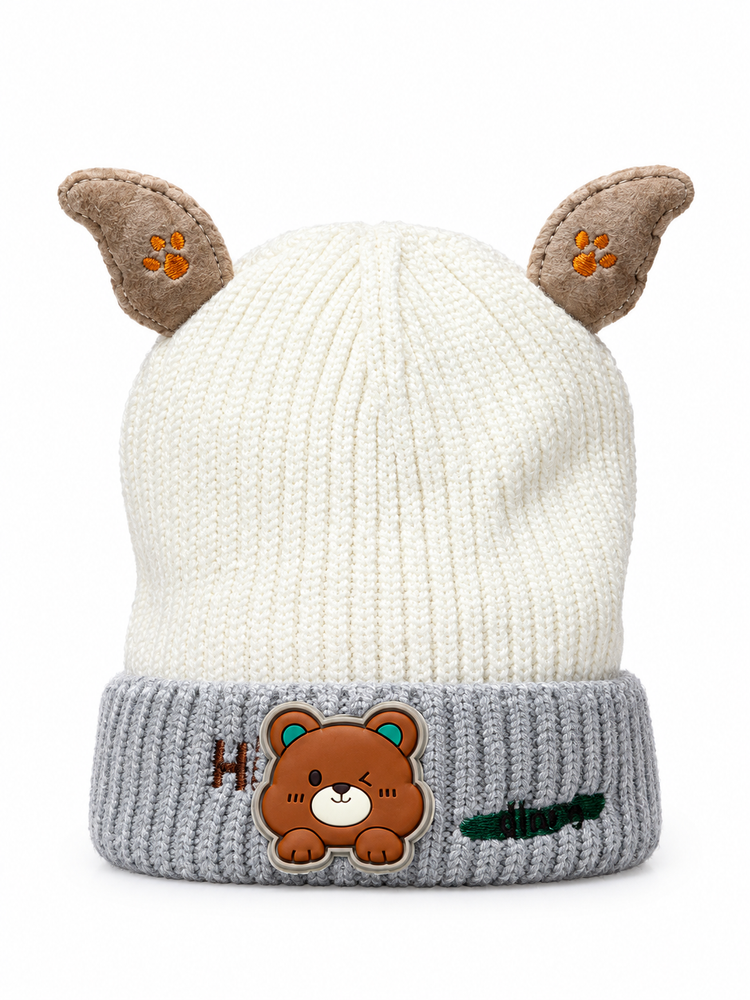 Cute White Bear-Ear Knit Beanie Cap ( Stretchable Suitable For 6 Months To 2 Years )