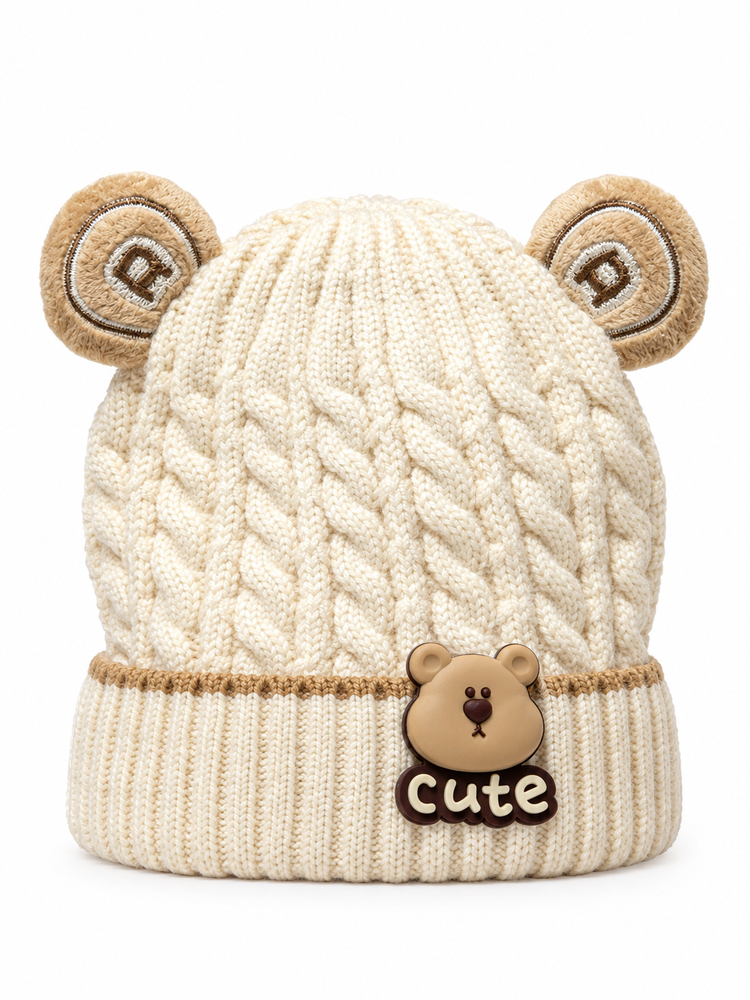Cute Cream Bear Cable-Knit Beanie Cap ( Stretchable Suitable For 6 Months To 2 Years )