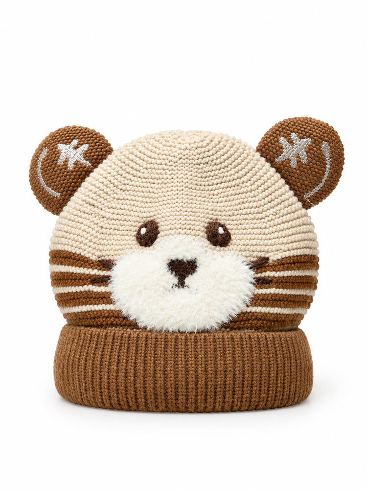 Cute Cream Tiger Bear Knit Beanie Cap ( Stretchable Suitable For Six Months To 2 Years )