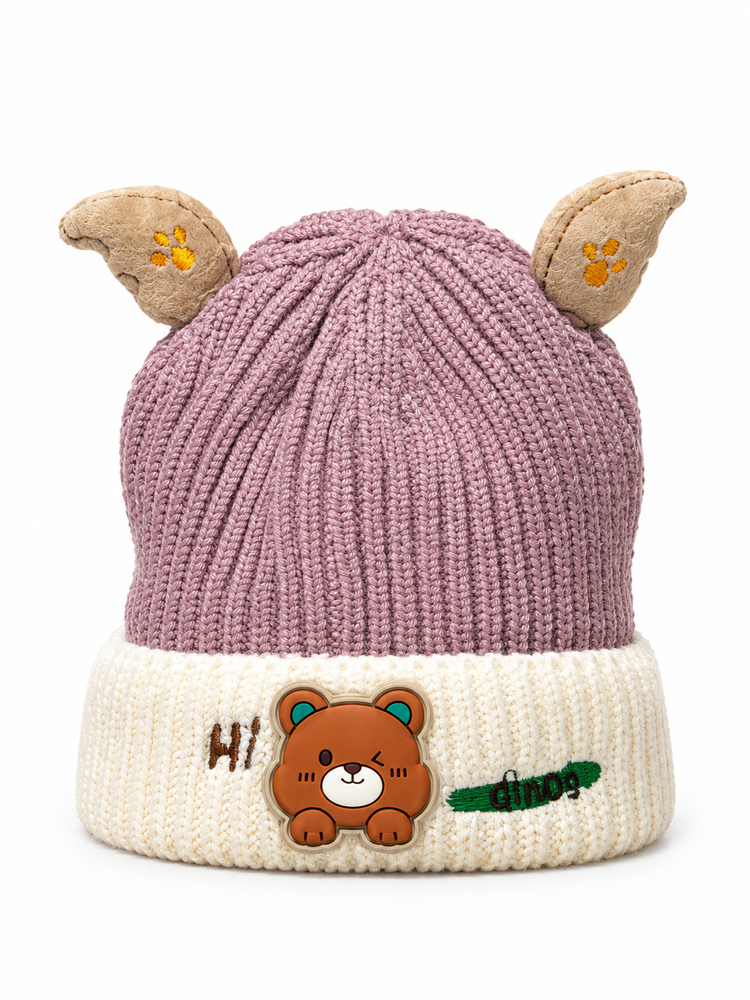 Cute Mauve Bear Dino Beanie Cap ( Stretchable Suitable For 6 Months To 2 Years )