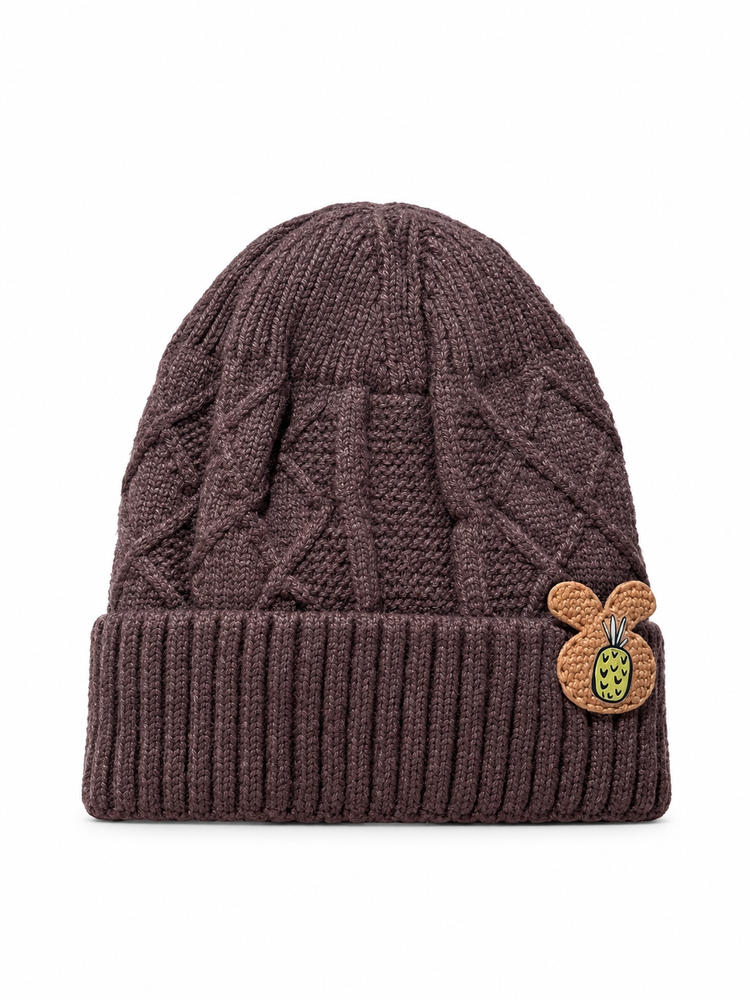Dusty Plum Cable-Knit Beanie with Appliqu Patch Cap ( Stretchable Suitable Zero To Six Months )
