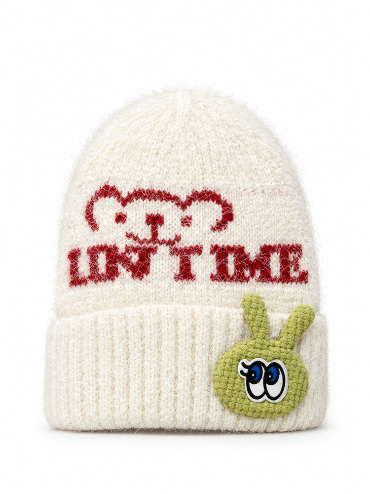 Fuzzy Cream Beanie with Love Time Knit Cap ( Stretchable Suitable Zero To Six Months )