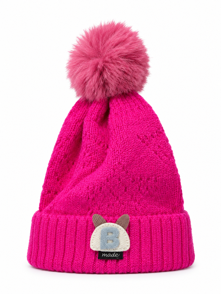 Hot Pink Bear Patch Beanie Cap ( Stretchable Suitable For Zero To One Year )