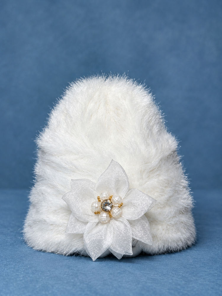 Cozy Beanie White Newborn Winter Cap ( Stretchable Suitable For Zero To One Year )