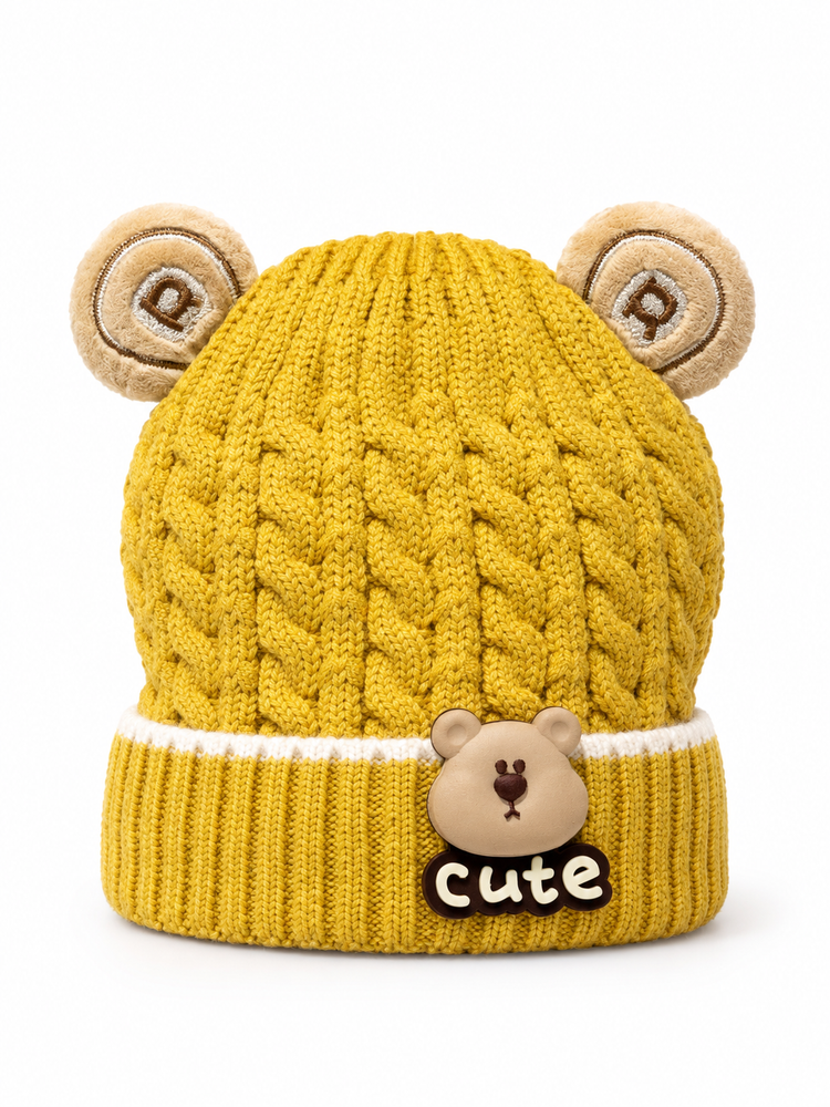 Mustard Bear-Ear Beanie Cap with Cute Patch ( Stretchable Suitable For 6 Months To 2 Years )
