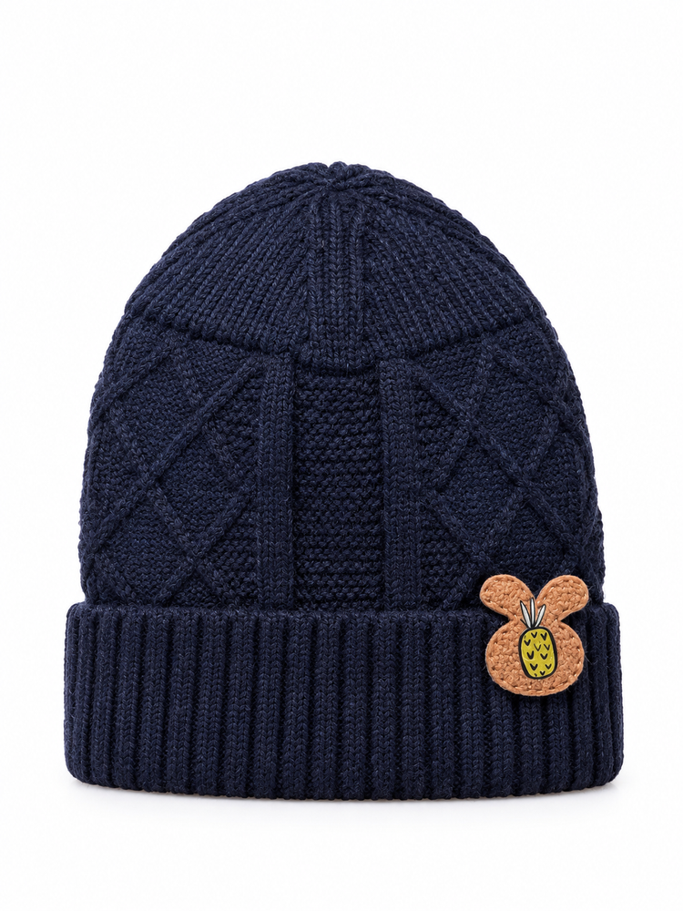 Navy Cable-Knit Beanie Cap with Bunny Patch ( Stretchable Suitable Zero To Six Months )