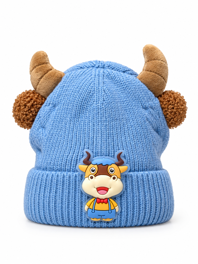 Pastel Blue Horned Cow Beanie Cap ( Stretchable Suitable For Six Months To 2 Years )