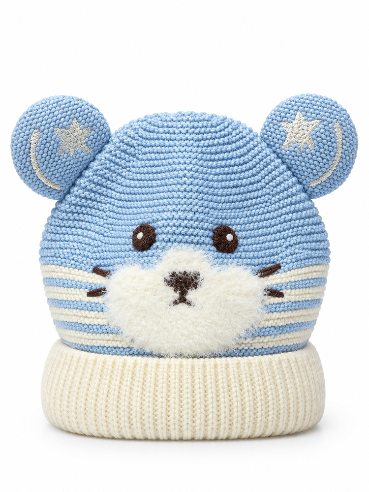 Pastel Blue Teddy Bear Beanie Cap ( Stretchable Suitable For Six Months To 2 Years )
