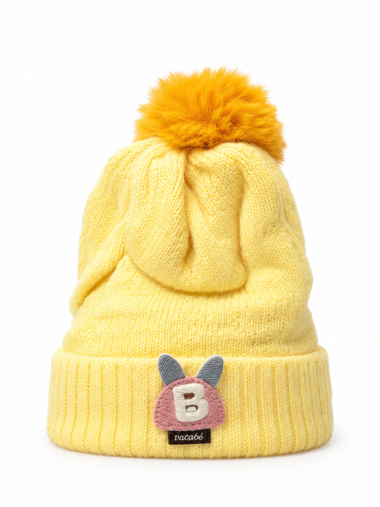 Pastel Yellow Bunny Pom-Pom Beanie Cap ( Stretchable Suitable For Zero To One Year )
