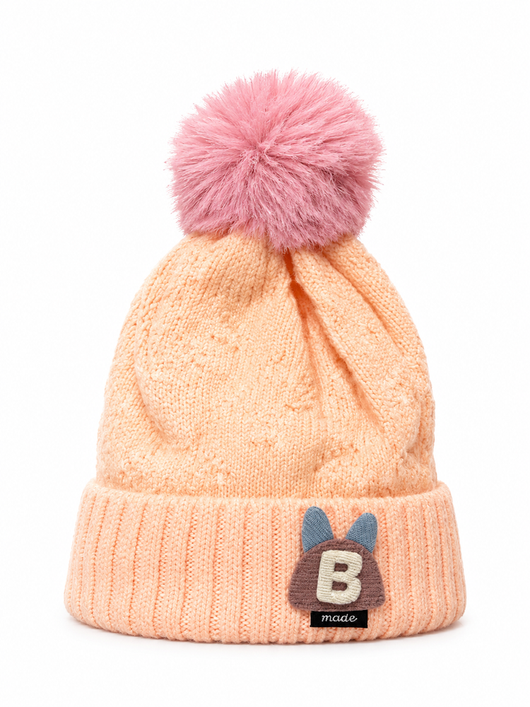 Peach Knit Beanie Cap with Fluffy Pom-Pom ( Stretchable Suitable For Zero To One Year )