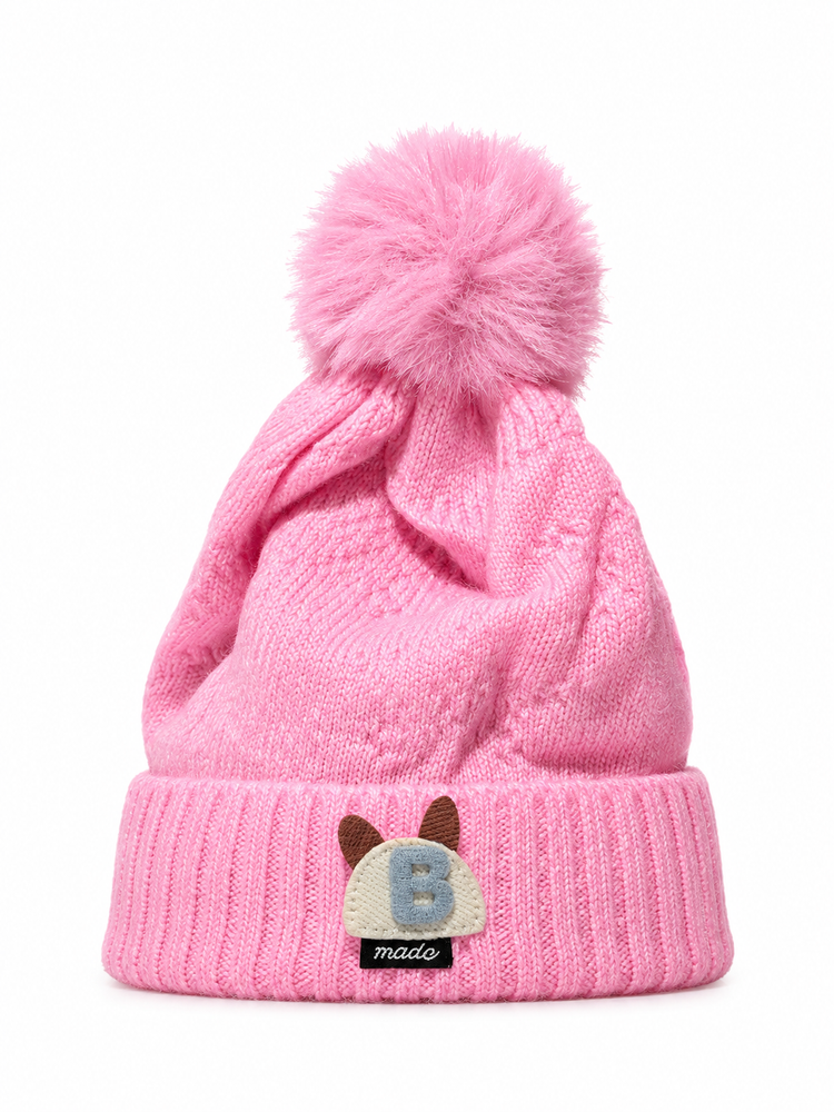 Pink Bear Patch Pom-Pom Beanie Cap ( Stretchable Suitable For Zero To One Year )