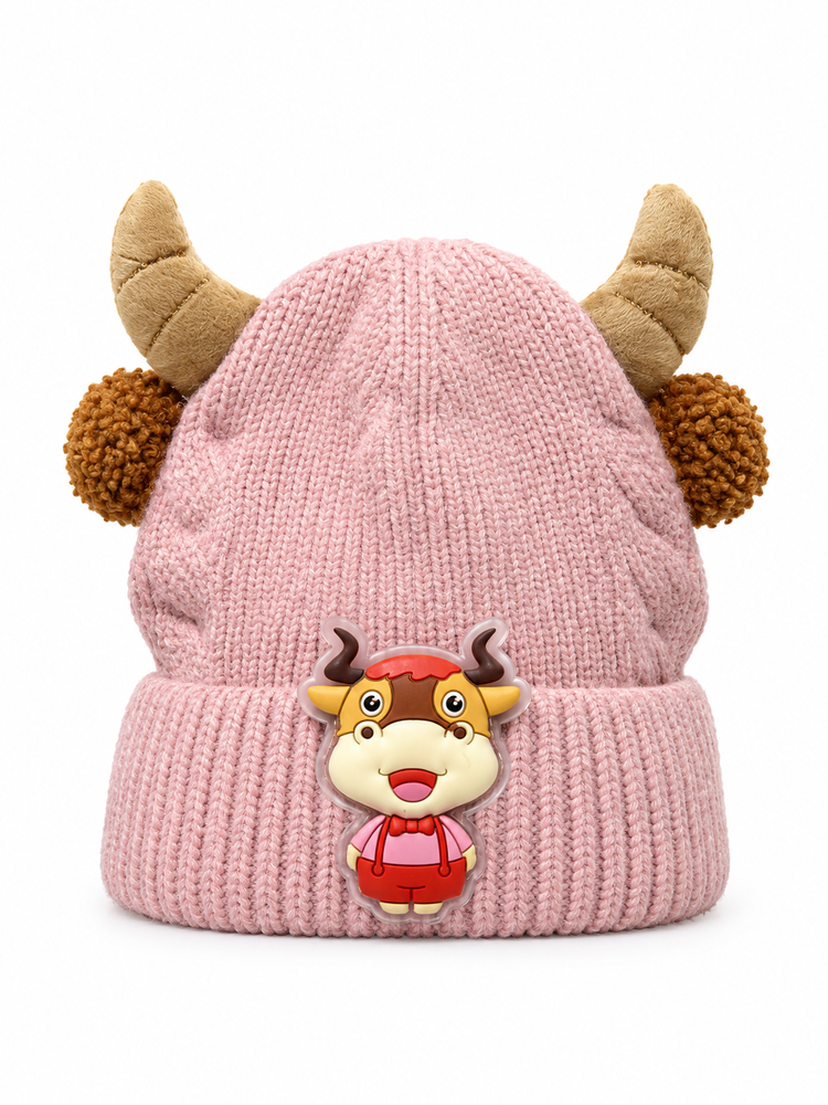Pink Horned Cow Beanie Cap ( Stretchable Suitable For Six Months To 2 Years )
