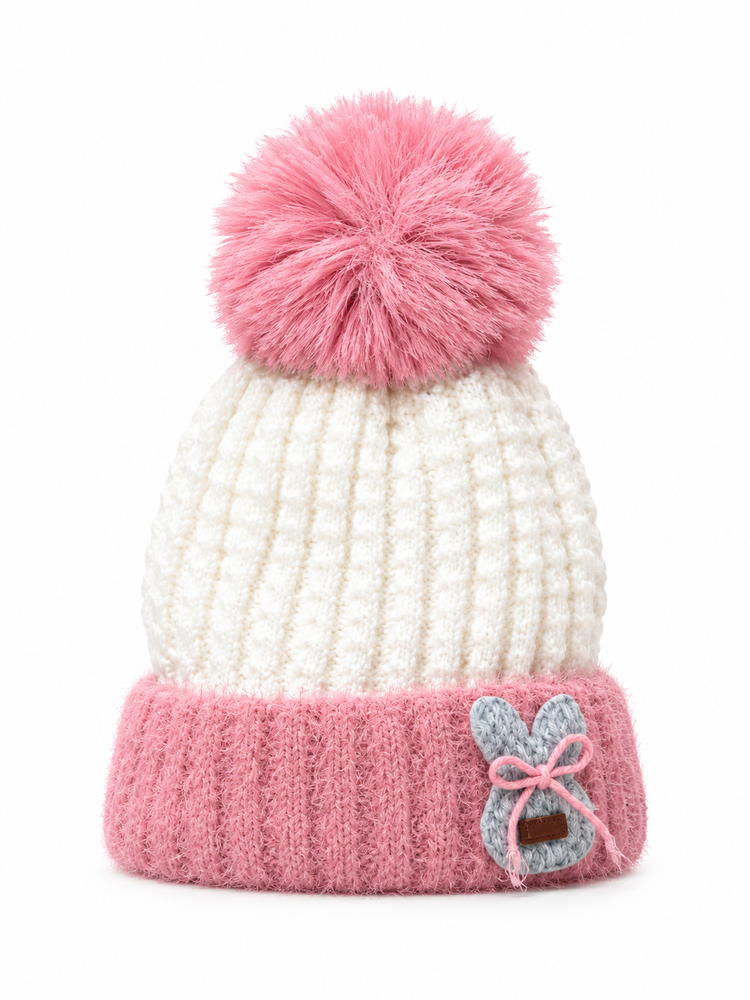 White Pom-Pom Bunny Beanie Cap ( Stretchable Suitable For 6 Months To 2 Years )