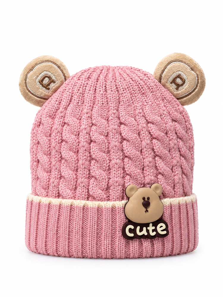 Pink Teddy Bear Beanie Cap with Cute Badge ( Stretchable Suitable For 6 Months To 2 Years )