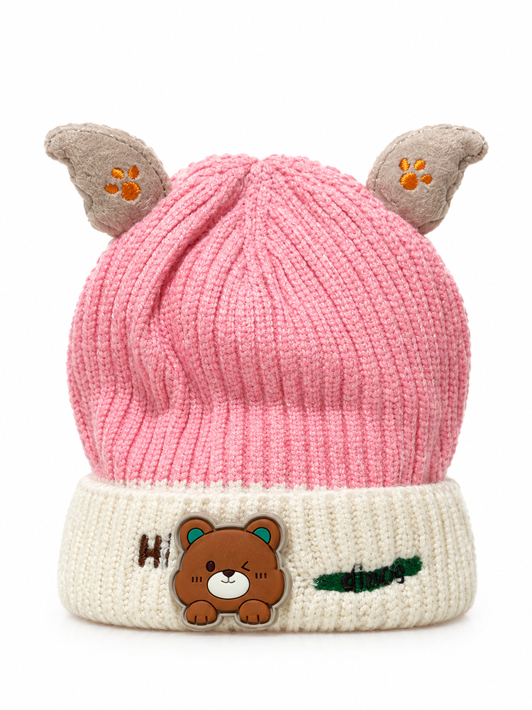 Pink and Cream Bear-Ear Beanie Cap ( Stretchable Suitable For 6 Months To 2 Years )
