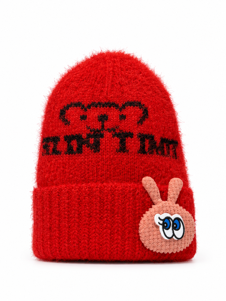 Red Fuzzy Beanie Cap with Bunny Patch ( Stretchable Suitable Zero To Six Months )