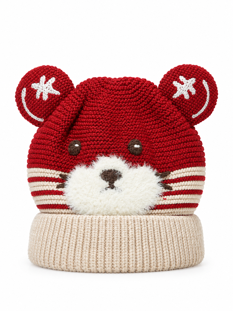 Red Knitted Teddy Bear Beanie Cap ( Stretchable Suitable For Six Months To 2 Years )