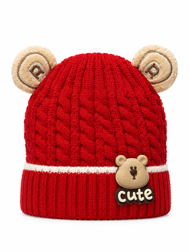Red Teddy Bear Knit Beanie Cap ( Stretchable Suitable For 6 Months To 2 Years )