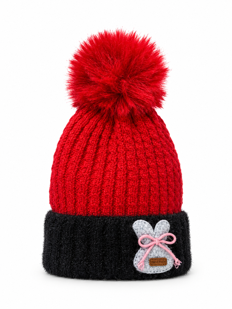Red and Black Bunny Pom-Pom Beanie Cap ( Stretchable Suitable For 6 Months To 2 Years )