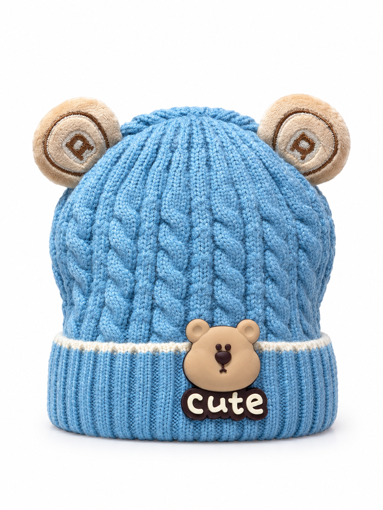Sky Blue Bear Ear Beanie Cap ( Stretchable Suitable For 6 Months To 2 Years )