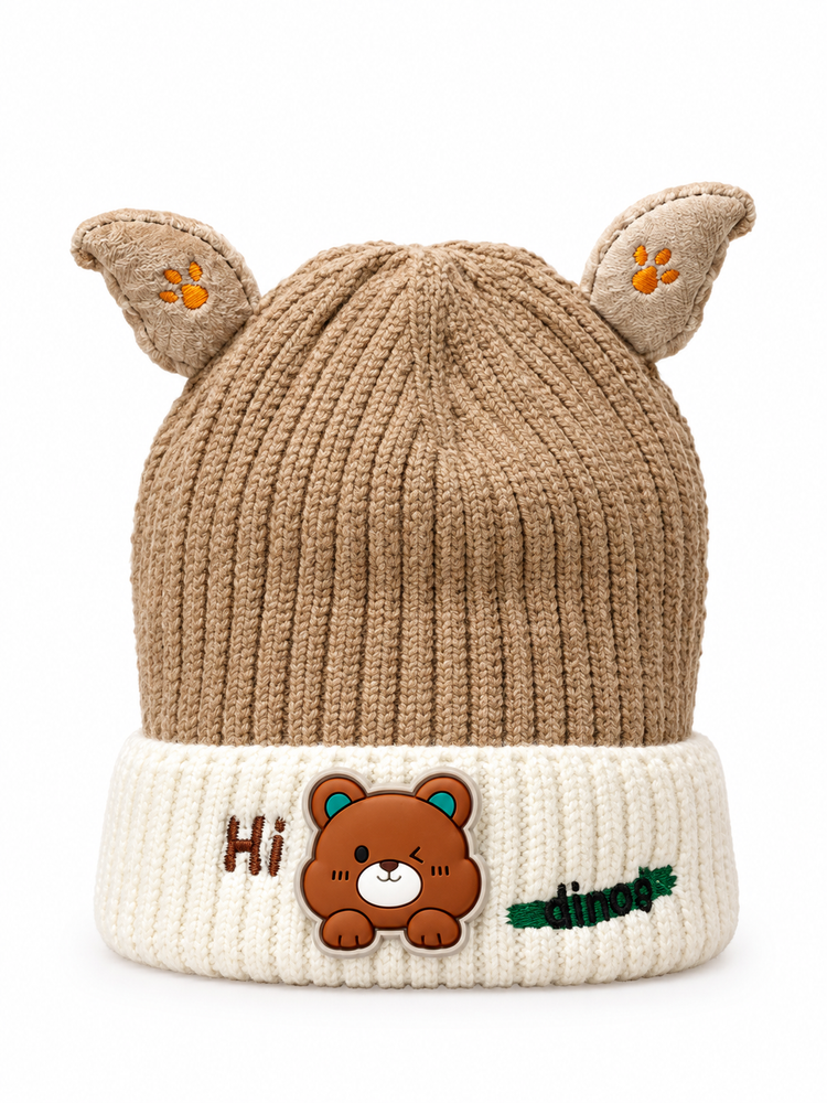 Brown Winking Bear Ears Knit Beanie Cap ( Stretchable Suitable For 6 Months To 2 Years )