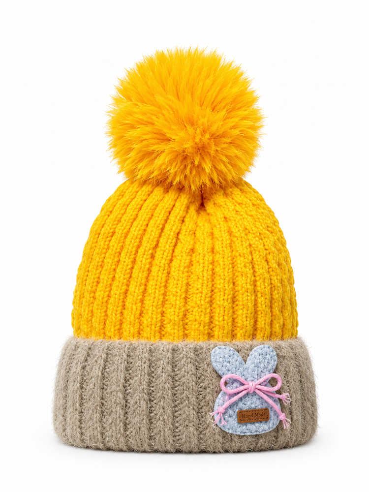 Yellow Pom-Pom Bunny Beanie Cap ( Stretchable Suitable For 6 Months To 2 Years )